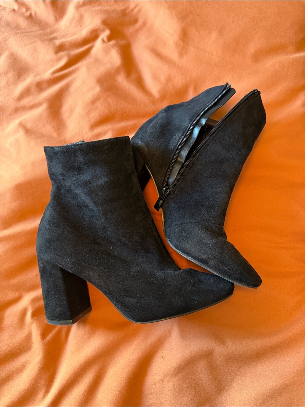 Lulu's Black Suede Pointed Toe Block Heel Ankle Boots